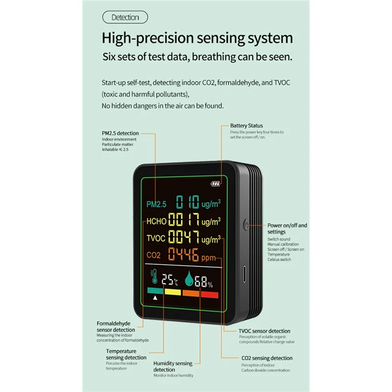 【Design elegante】 Rilevatore digitale di monitoraggio della qualità dell'aria 6In1 Formaldeide TVOC PM2.5 /CO2 Tester di umidità della temperatura