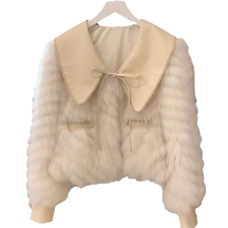 Cappotto di pelliccia sociale francese elegante Giacche corte Colletto per bambola invernale Fiocco con lacci Cappotti di pelliccia sintetica morbidi e caldi abbinati Donna Autunno