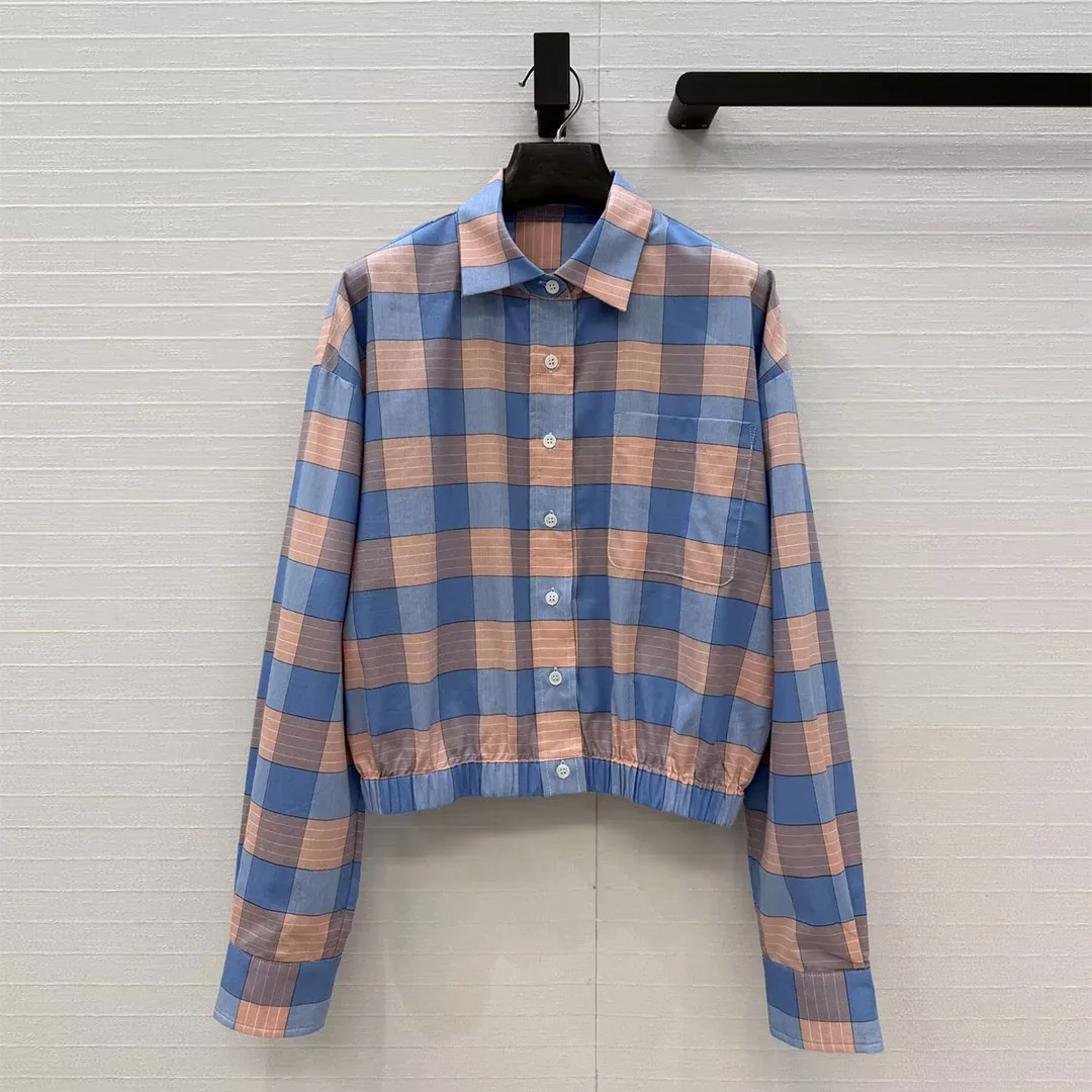

Preppy Style Contrast Plaid Pattern Cotton Shirt Women Lapel Long Sleeve Elastic Slim Waist Short Sweet Girl Spring Blouse Tops