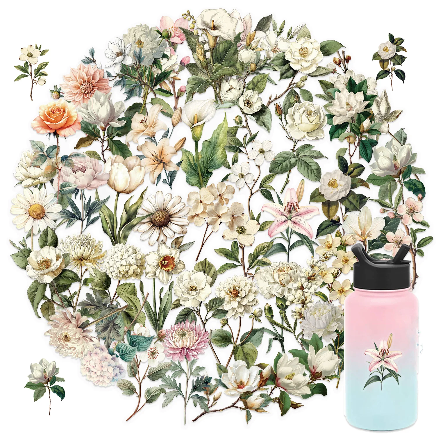 50/100 Stück Retro Lange Zweige Blumen Plastikaufkleber Gepäck Handwerk Material Retro Blumendekoration Wasserfeste Aufkleber – Detail 1