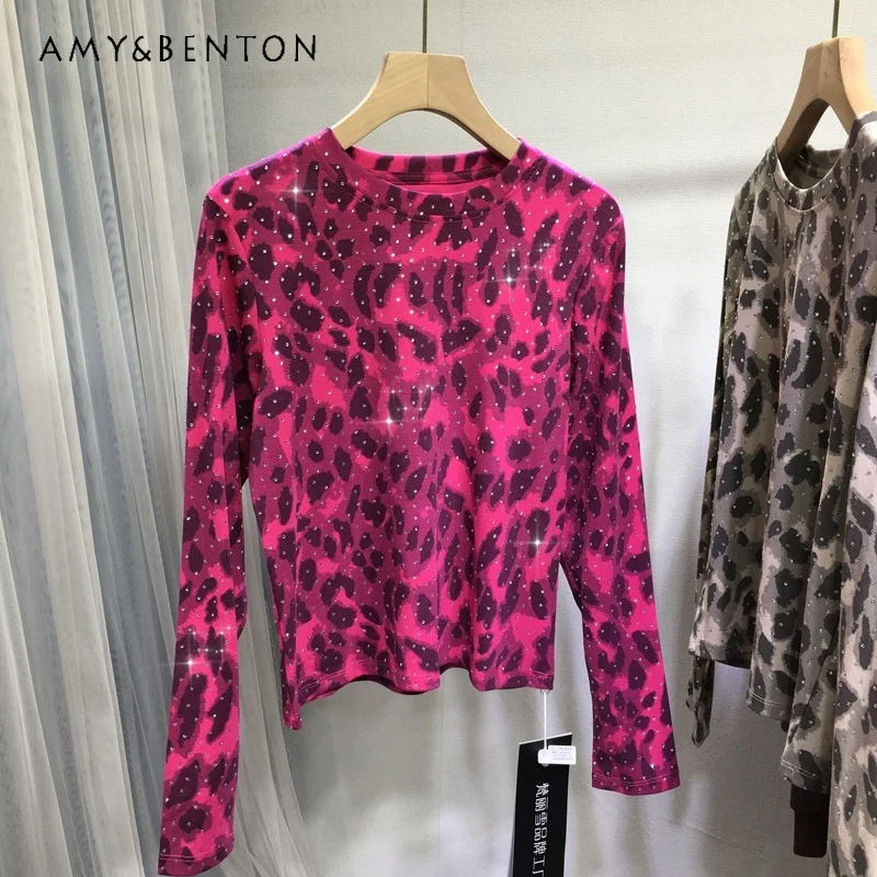 

Нижняя рубашка со стразами для тяжелой промышленности, сексуальный облегающий топ с леопардовым принтом, обтягивающие футболки с длинными рукавами, новые осенние футболки