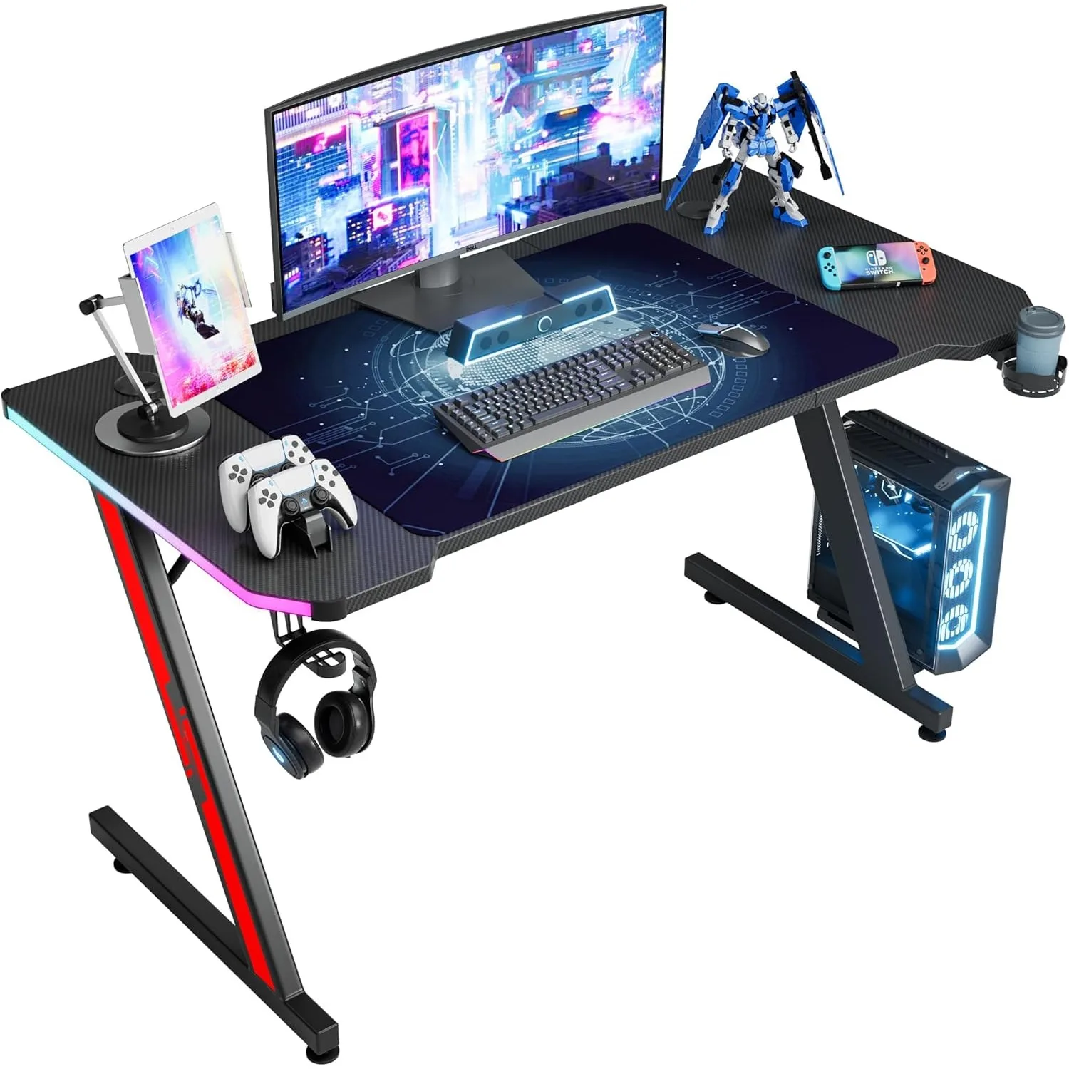 Gaming Computer Desk with Carbon Fiber Surface, Gaming Table Z Shaped Pc Home Office with Cup Holder&Headphone Hook(55 in)