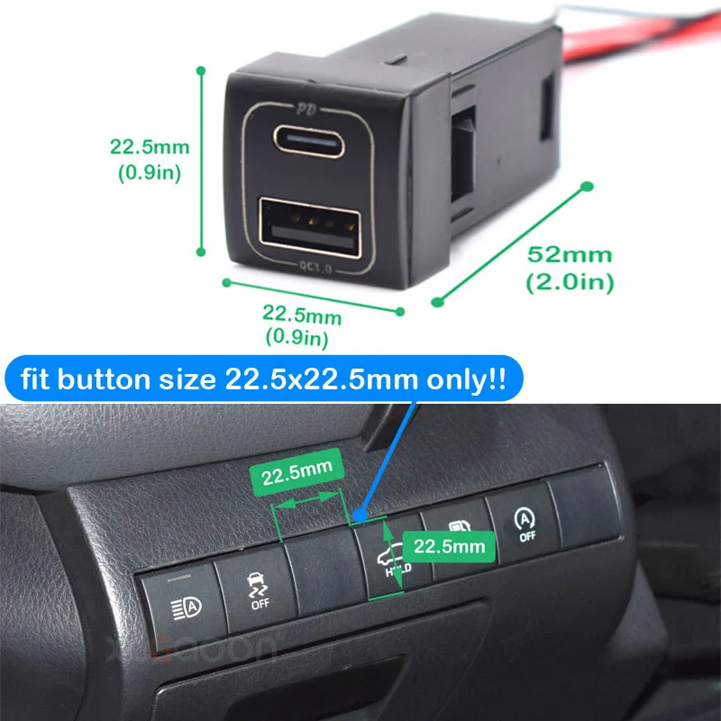 12V PD3.0 Type-C & USB QC3.0 Mobile Phone Car Quick Charger for Toyota Land Cruiser Prado 150 Series Rav4 Camry Hiace Corolla