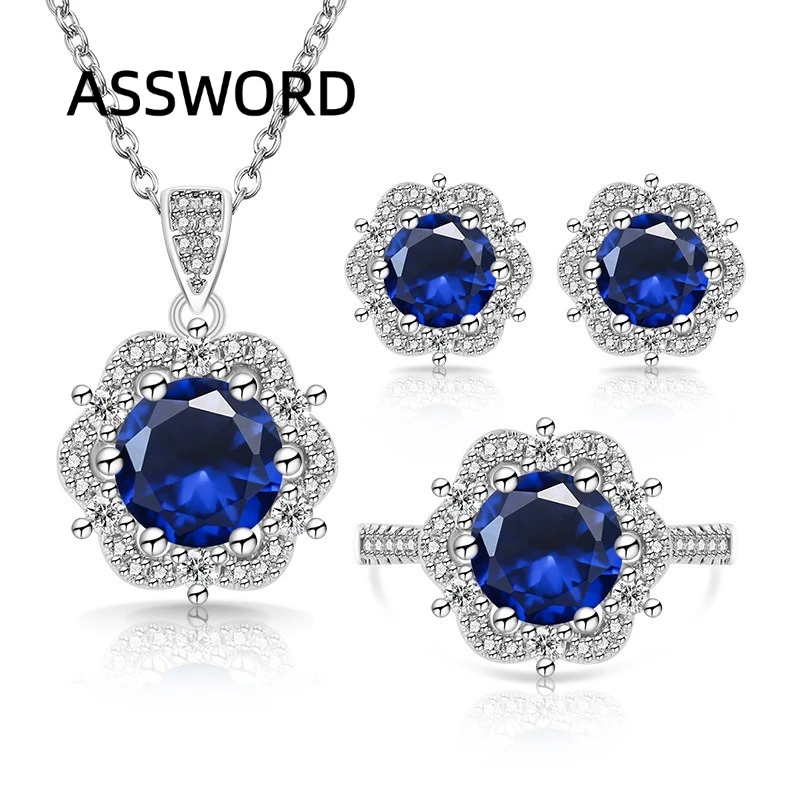 925 Sterling Silber Blumenform CZ Schmuckset Damen Anhänger Halskette Ohrstecker Verstellbarer Ring Brautschmuck Hochzeitsgeschenk – Detail 2