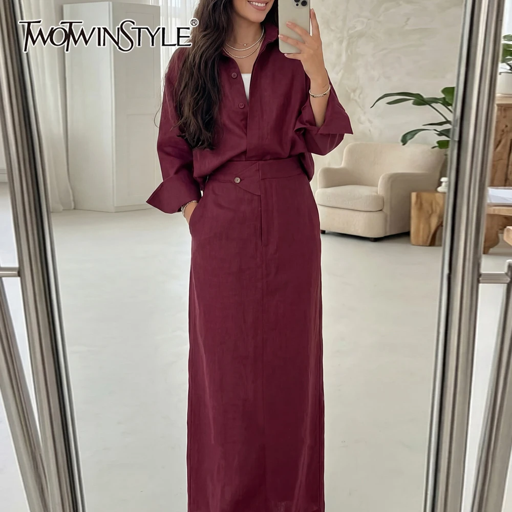 

TWOTWINSTYLE Minimalist Slimming Two Piece Set for Women Lapel Long Sleeves Shirt High Waist Skirt Temperament Sets Female New