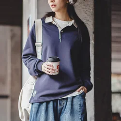 Maden Women's American Retro Long-sleeved Lapel T-shirt Bottoming Shirt Contrasting Color Sweatshirt Loose Inner Top Spring Polo