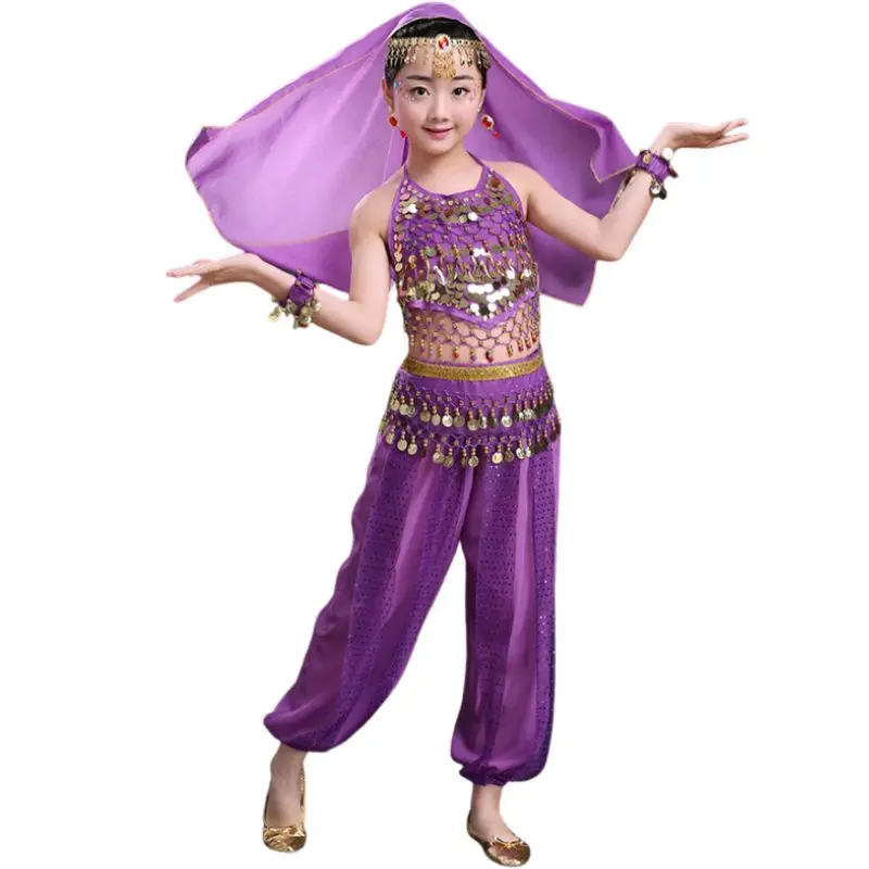 Stage Chiffon Children Indian Belly Dance Girl Costume Halloween Performance 7pcs Sets Kids Dancing Cloth Outfits