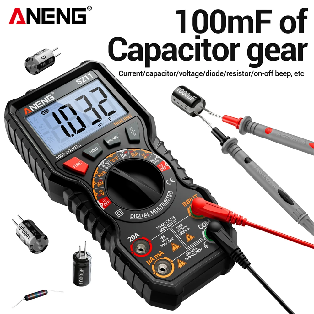

Конденсатор сопротивления напряжению Гц, настенный мультиметр-тестер, инструментыANENG SZ11, мультиметр, 6000 отсчетов, ток переменного/постоянного тока