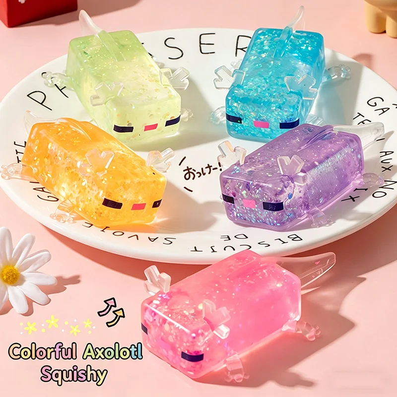 Axolotl Squishy Glitter Maltose Taba Squishy Squeeze Toys Anti-Stress Ball Slow Rising Stress Relief Axolotl Fidget Toy Gift