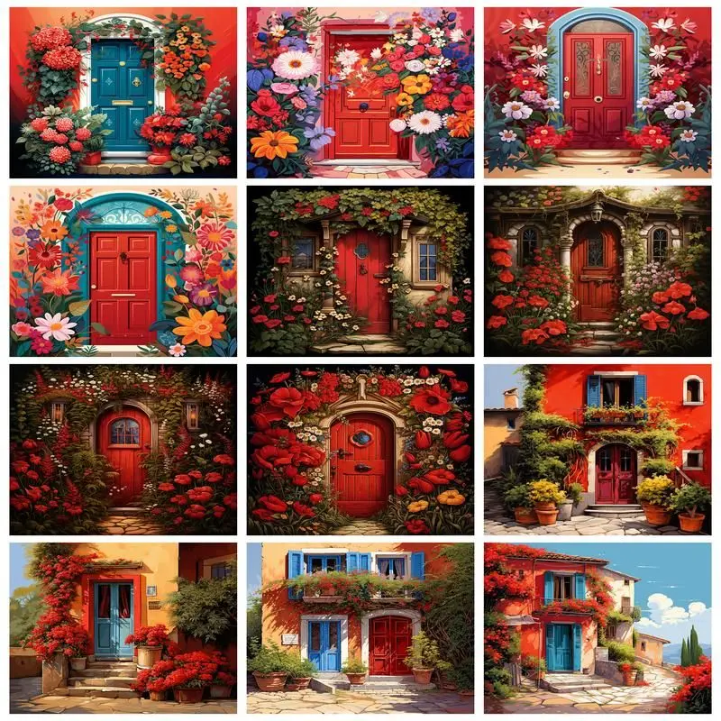 

CHENISTORY Coloring By Number Red House Scenery Kits Paint By Number DIY Frame Modern Drawing On Canvas HandPainted Art Gift