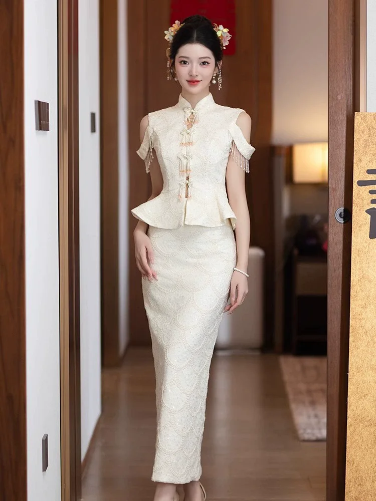 فستان نسائي فاخر مزين بالترتر على شكل زهرة Chesongam على الطراز الصيني أنيق بدون أكمام فستان سهرة رائع من فيستدوس دي فيستا #2