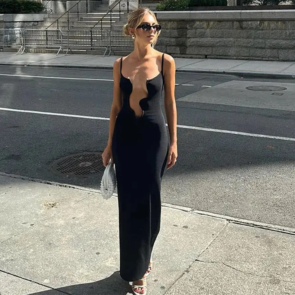 

Sexy Wavy Edge Deep V-neck Knitted Maxi Dress Women Slim Sleeveless Pleated Sling Dress Female Solid Beach Holiday Chic Robes