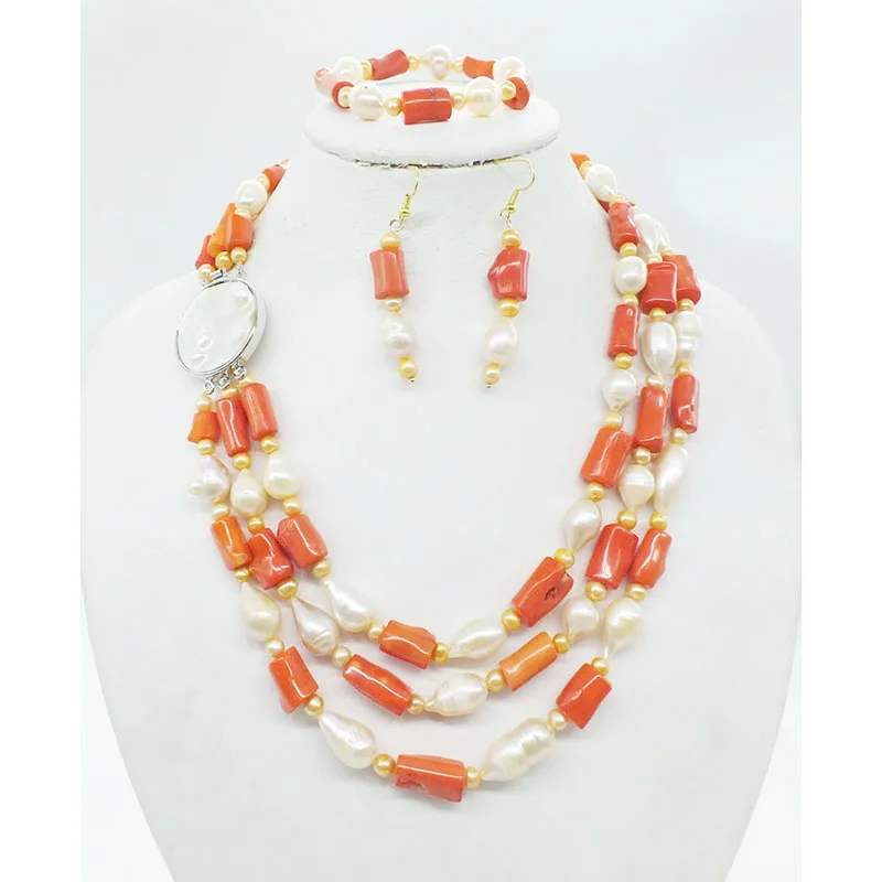 3 rows Classic Bridal Wedding Necklace Set,Genuine Natural Coral, Baroque Pearl, Necklace. Bracelet. Earrings,Only one necklace