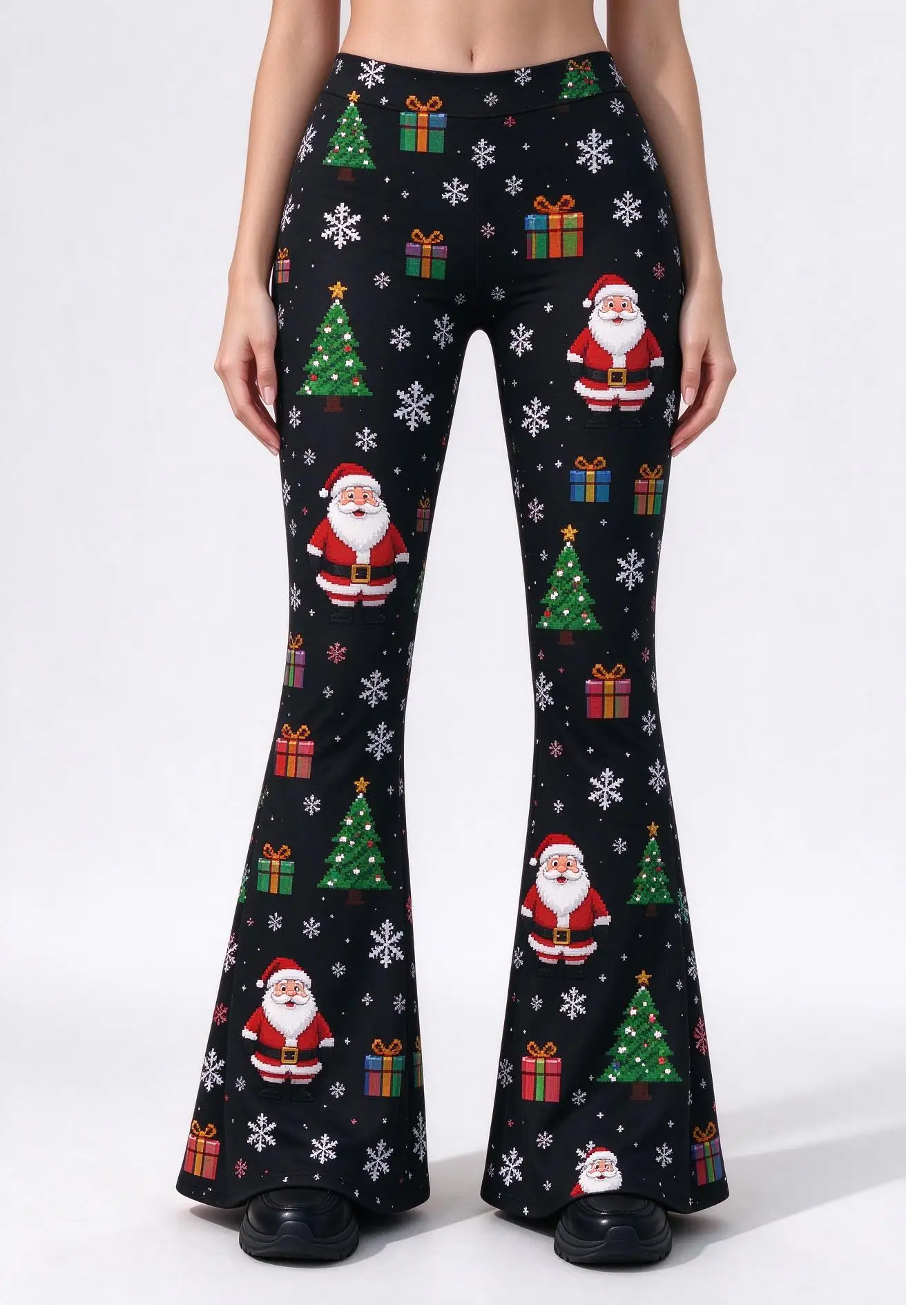 Women Mid-Rise Slim Flared Pants Christmas Vintage Deer Apple Bow Hay Bale Print Stretch Bell Bottoms Ladies Holiday Trousers