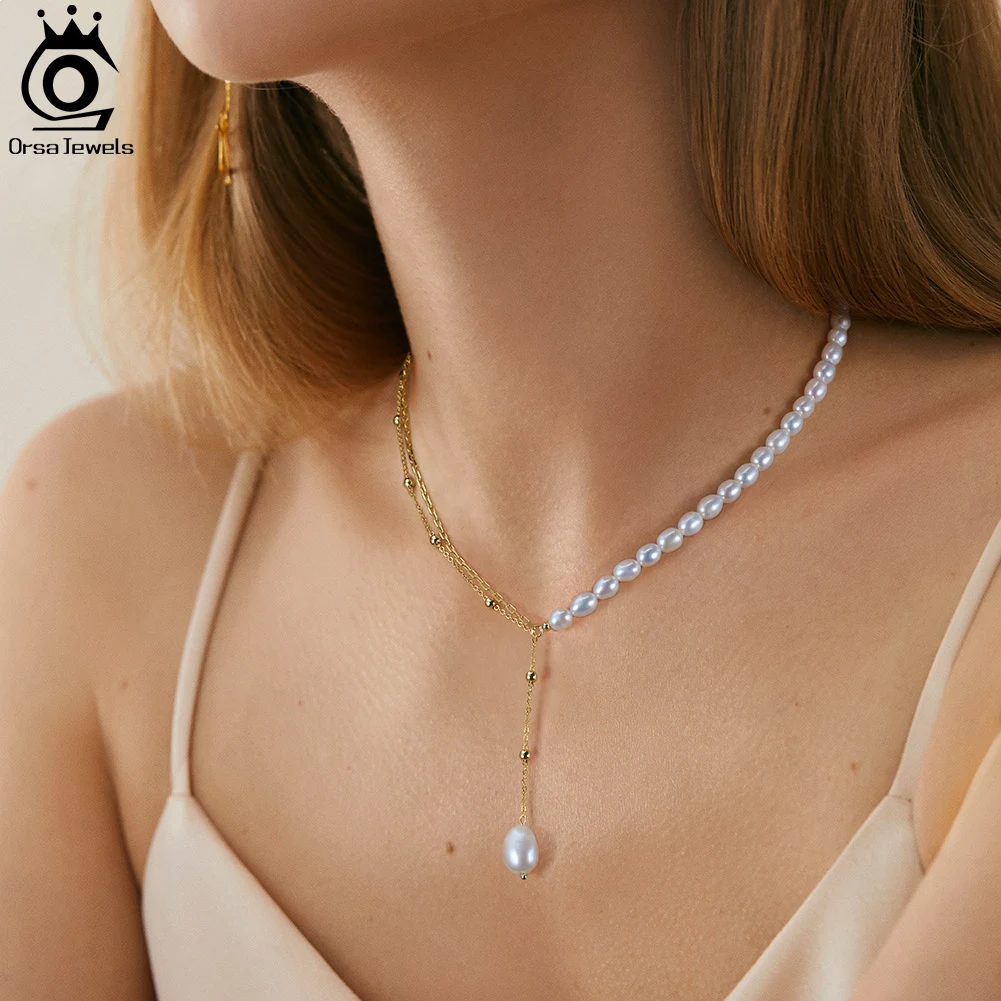 

ORSA JEWELS High-quality Pearls Beads Chain Necklace Gold Plated Female Y Shape Baroque Pearl Choker Necklaces Wedding GPN54