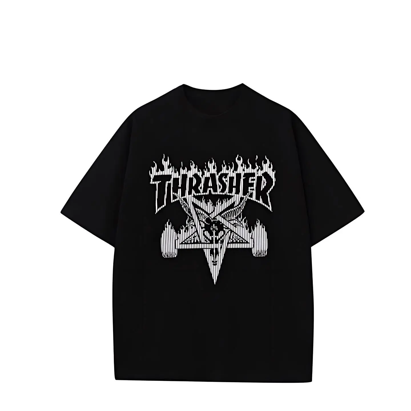 Camiseta de manga corta para hombre, modelo Thrasher Flame, de corte holgado y estilo informal, ideal para el verano y para practicar deportes, con estampado de estrellas de cinco puntas y confeccionada en algodón.