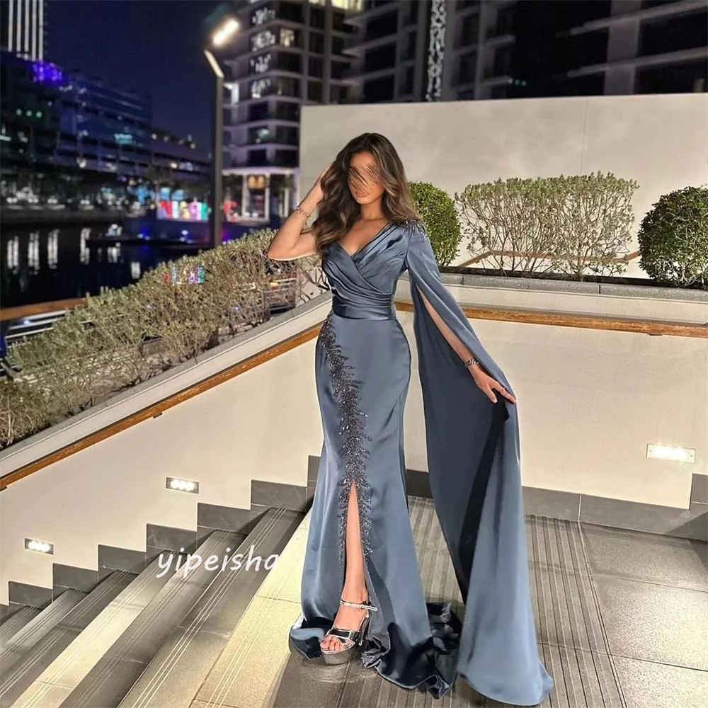 Customized Sparkle Exquisite  Sexy Modern Style Formal Evening V-Neck A-line Beading Floor-Length Satin Bespoke Occasion Dresses