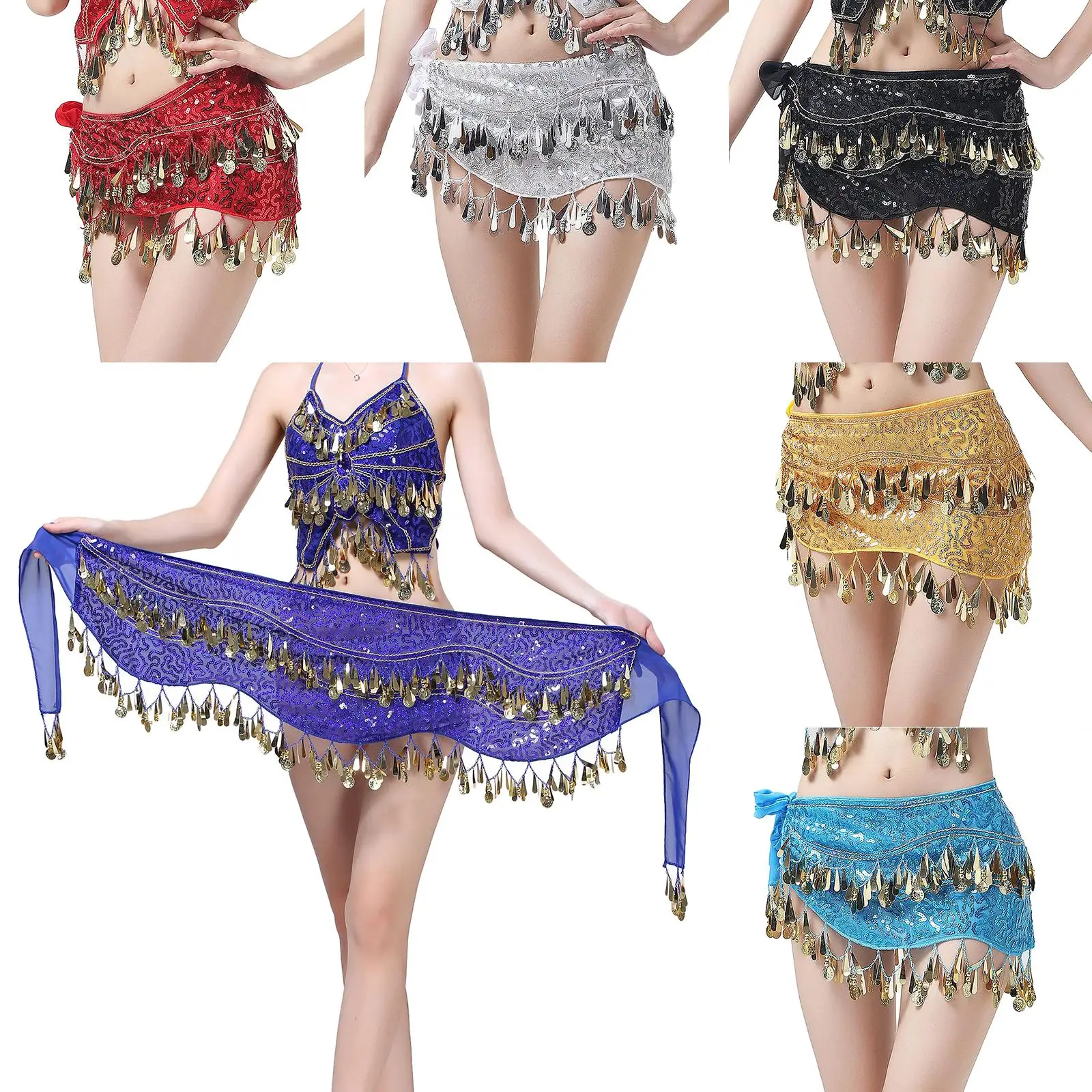 Womens Belly Dance Hip Scarf Chiffon Coin Tassel Wrap Skirt Dance Costume for Oriental Performance Show