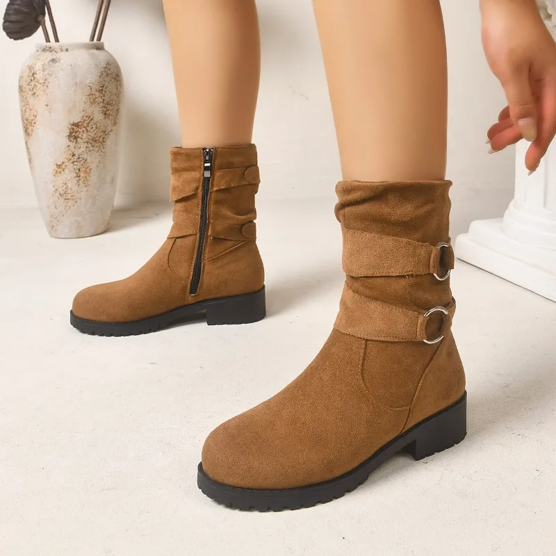 Metal Ring Side Zip Platform Block Heel Shoes Fall Round Toe Mid-Tube Boots