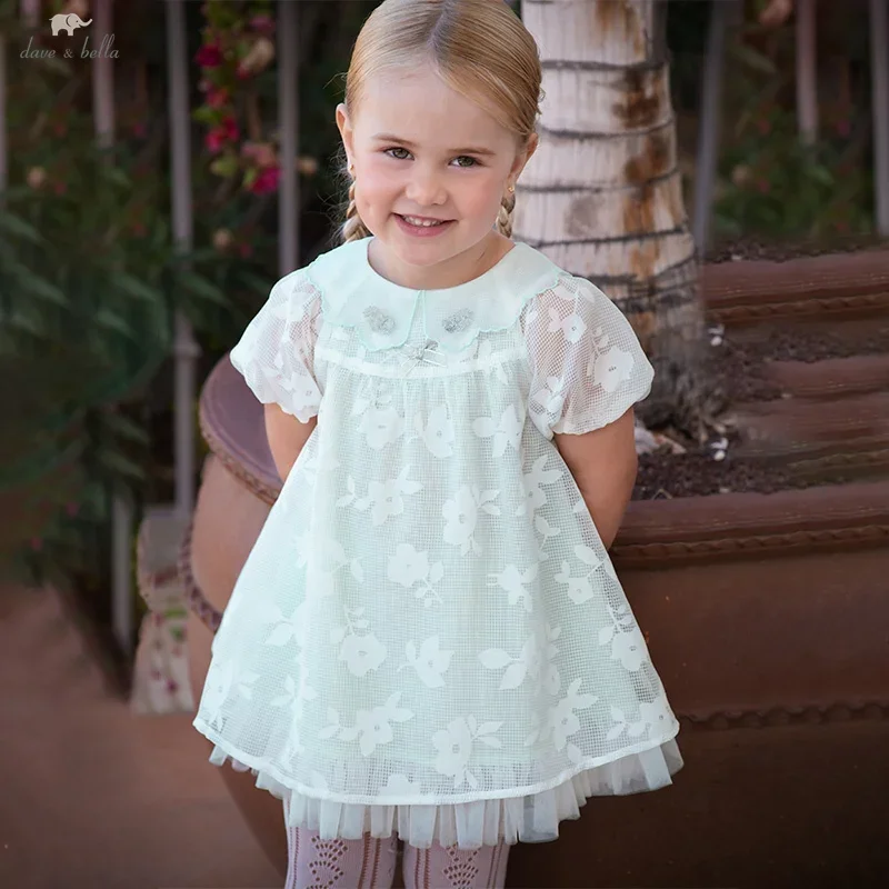 Dave Bella Girls Baby Summer Princess Dress Children\'s Sweet Charm Cute Mesh Puff Sleeve Green Fashion Dress Party DB2251622