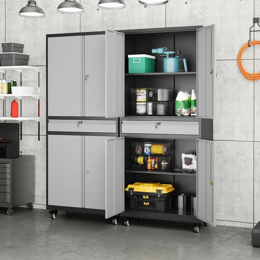 Metal Garage Storage Cabinet with Locking Doors and Adjustable Shelves, Rolling Tool Storage Cabinet