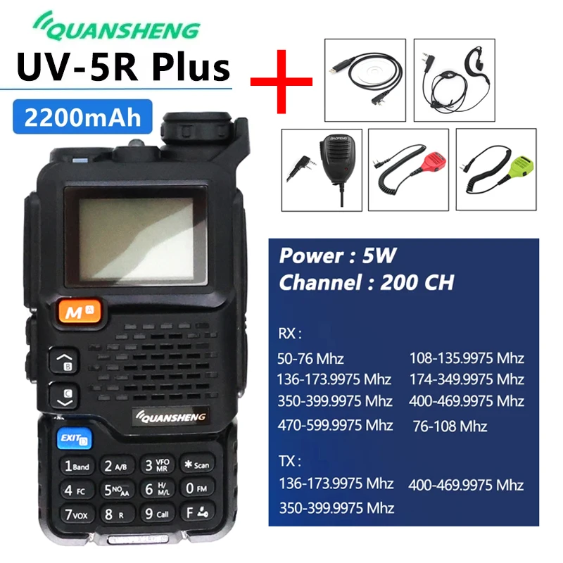 Quansheng UV-5R PLUS Dual Band Radio 4W Power with AM/FM, 200 Channels, NOAA, and Optional Type-C Charging