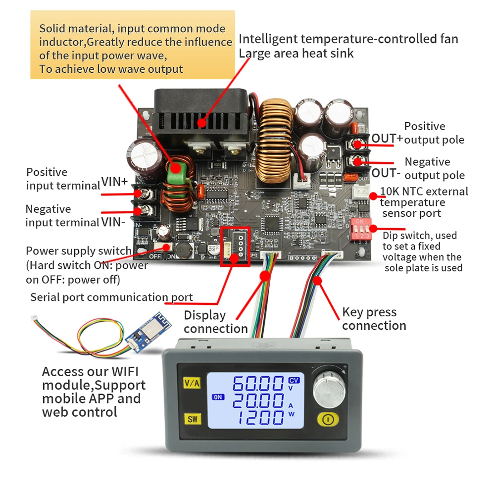 XY6020L CNC 조정 가능한 DC 안정화 전압 전원 공급 장치, 정전압 및 정전류 스텝 다운 모듈, 20A, 1200W