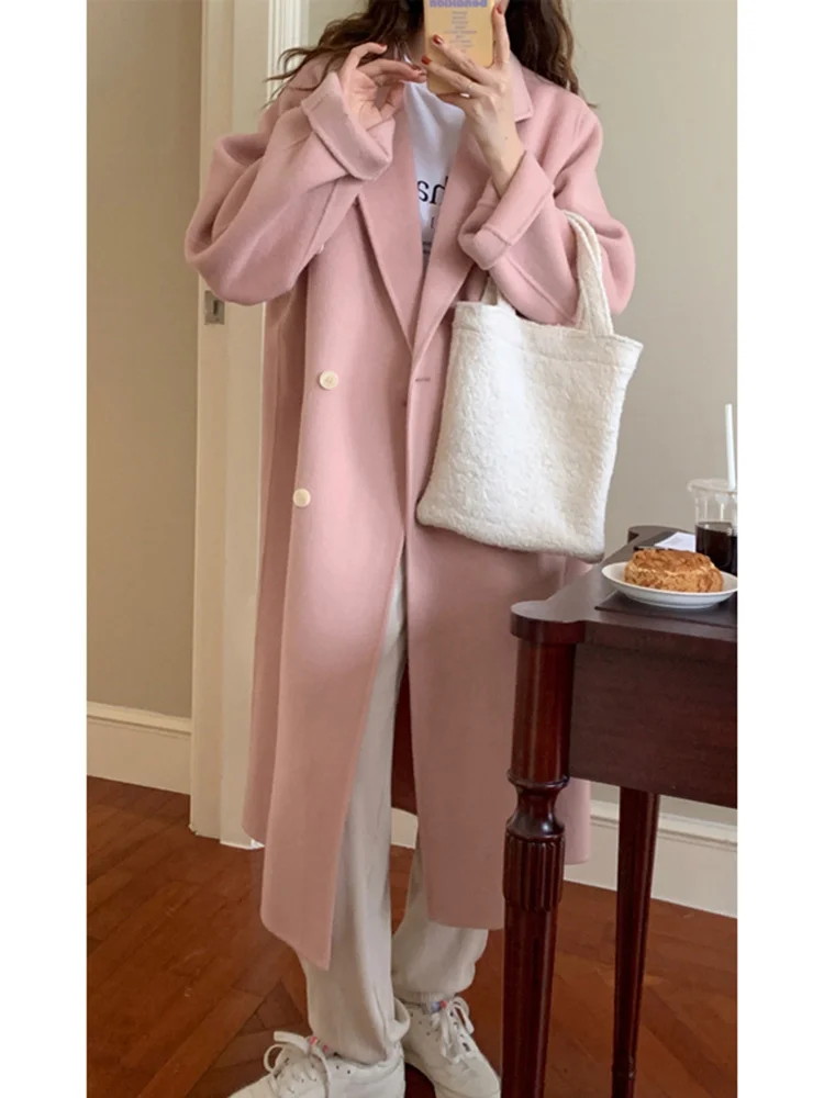 

2023 Blogger's Recommended Romantic Pink Double-sided Wool Coat for Women's Mid Length Winter Style Woolen Coat