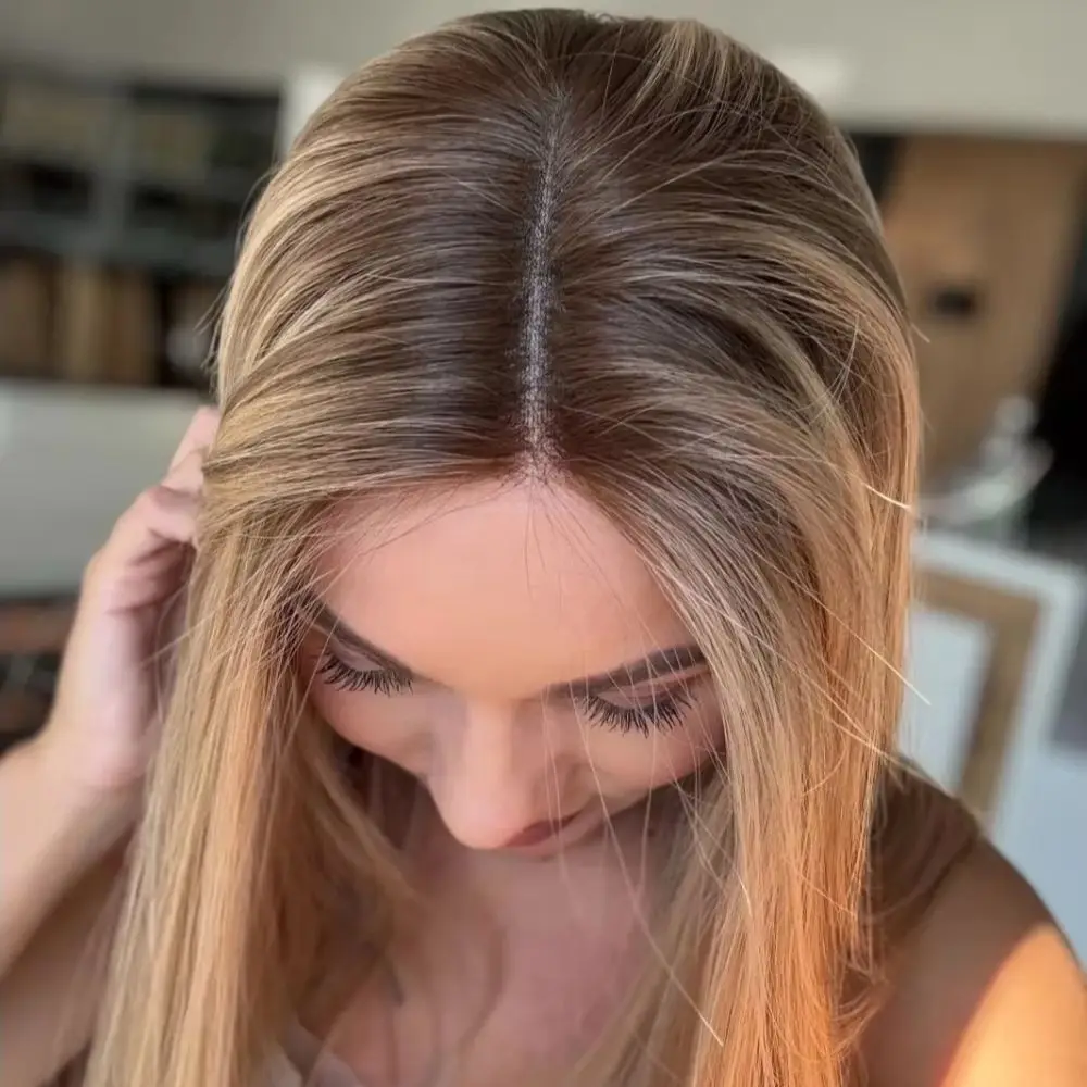 Ombre Blonde Balayage Wig 13x4 Natural Hairline Short Straight Bob Wig Rooted HD Lace Front Synthetic Wig Blend 5% Human Hair