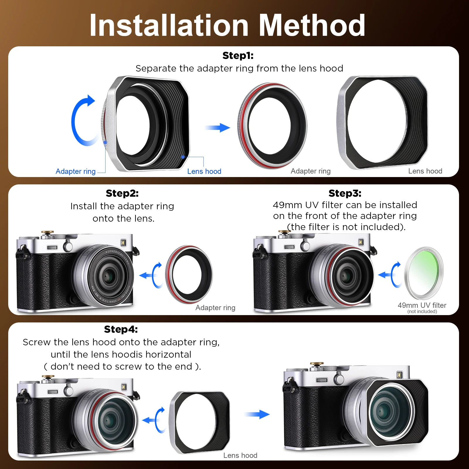 غطاء عدسة Haoge Squaret المعدني لعدسات Fujifilm XF23mm F2.8 وFuji XF27mmF2.8 R WR، مع غطاء معدني على جسم XE5 Cemera فضي