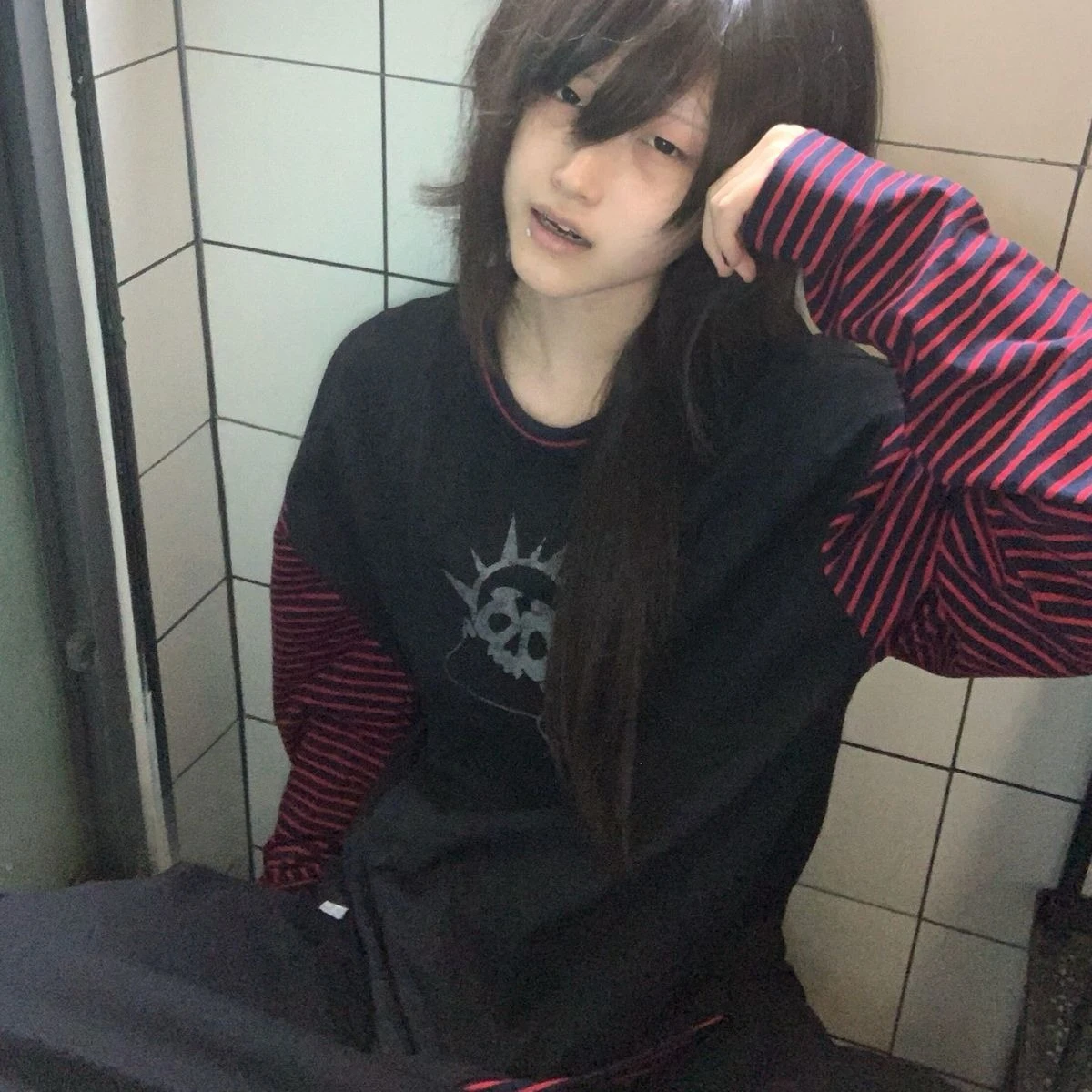 

Punk Subculture T-shirt Long-Sleeve Top Women Skull Stripe Skeleton Print Y2K Vintage Goth Style Autumn Spring Casual Tees