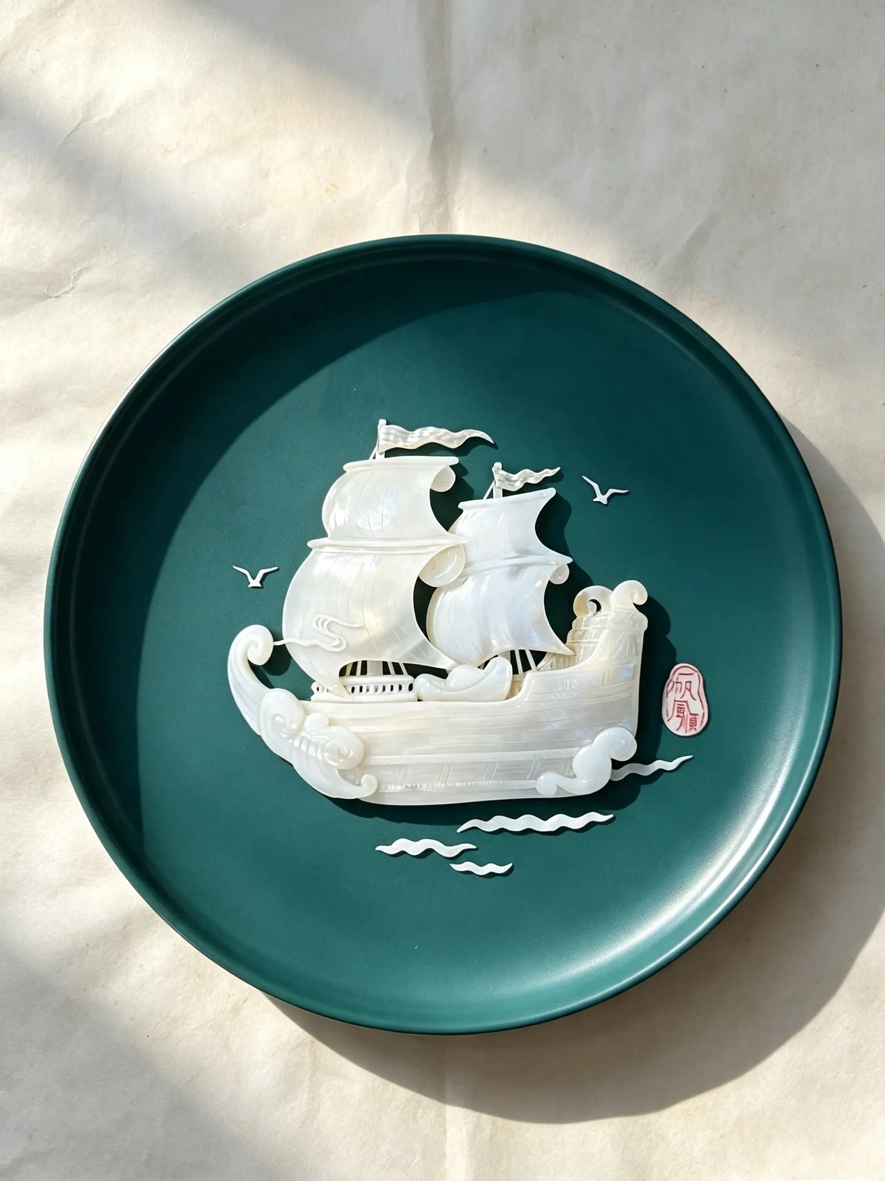 Smooth‑Sailing Shell‑Carved Sailboat Ornament, Handmade Blessing Gift, Chinese Art Home Desktop Decor