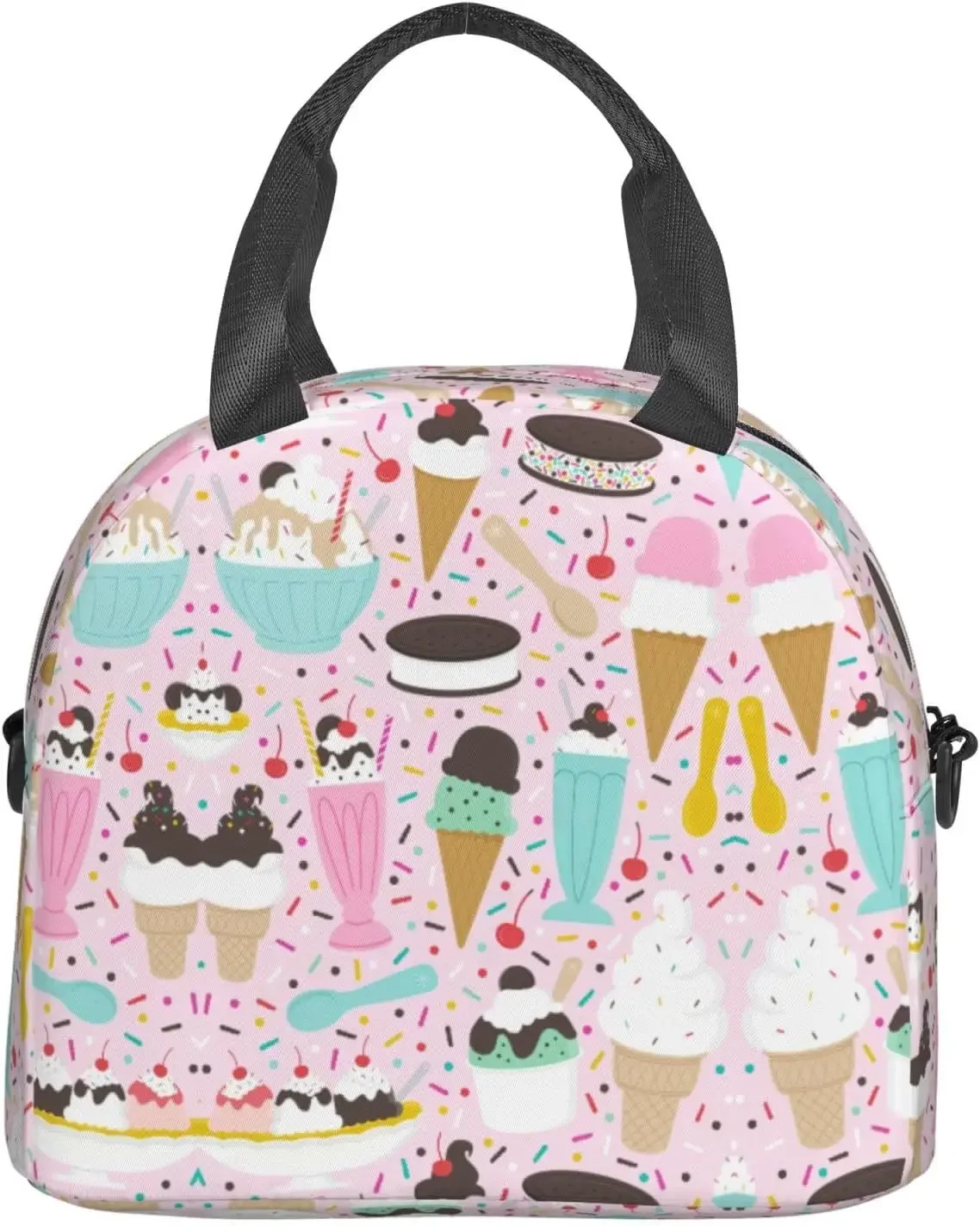 Sweet Ice Cream Print Lunch Bag With Adjustable Shoulder Strap,Leakproof,Tote Bag For Office Work,Picnic And Outdoor