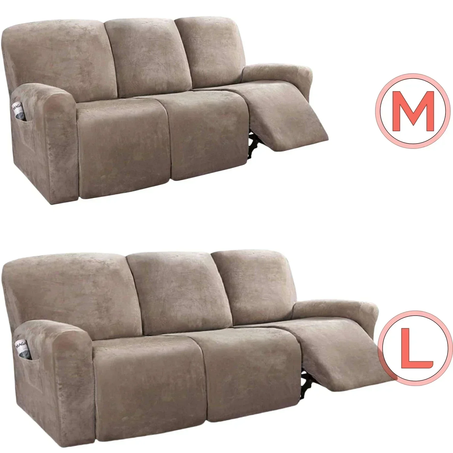 Velvet Stretch Recliner Sofa Covers Slipcover M Size & L Size 3-Seater Sofa Couch Cover Plush Recliner Protector 8-Piece