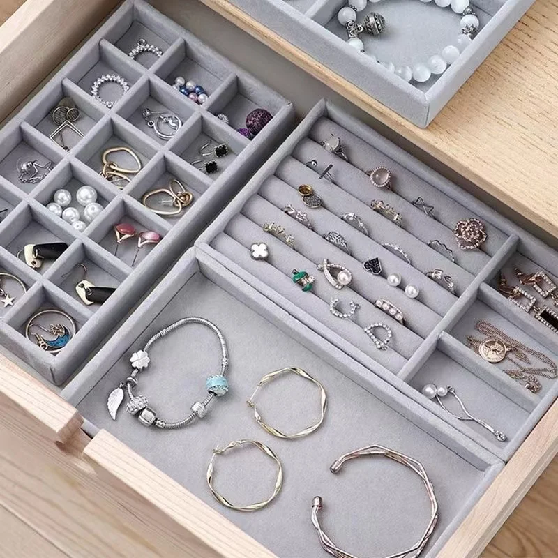 New Jewelry Organizer Velvet Jewelry Storage Tray Display Ring Bracelet Necklace Storage Box Showcase Drawer Organizer Trays