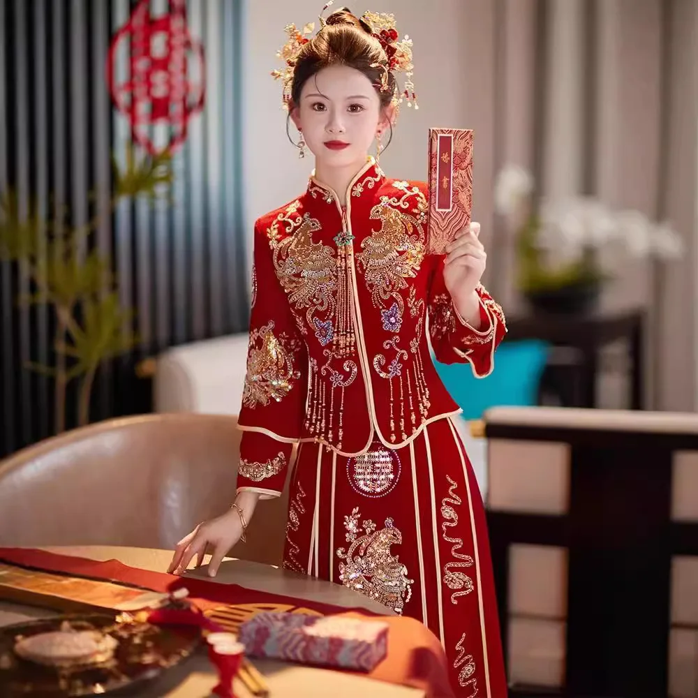 

Yourqipao, осень-зима 2022, свадебное платье невесты Xiuhe Hanfu, традиционное китайское свадебное платье-тост, комплекты с юбкой для женщин, вечерние