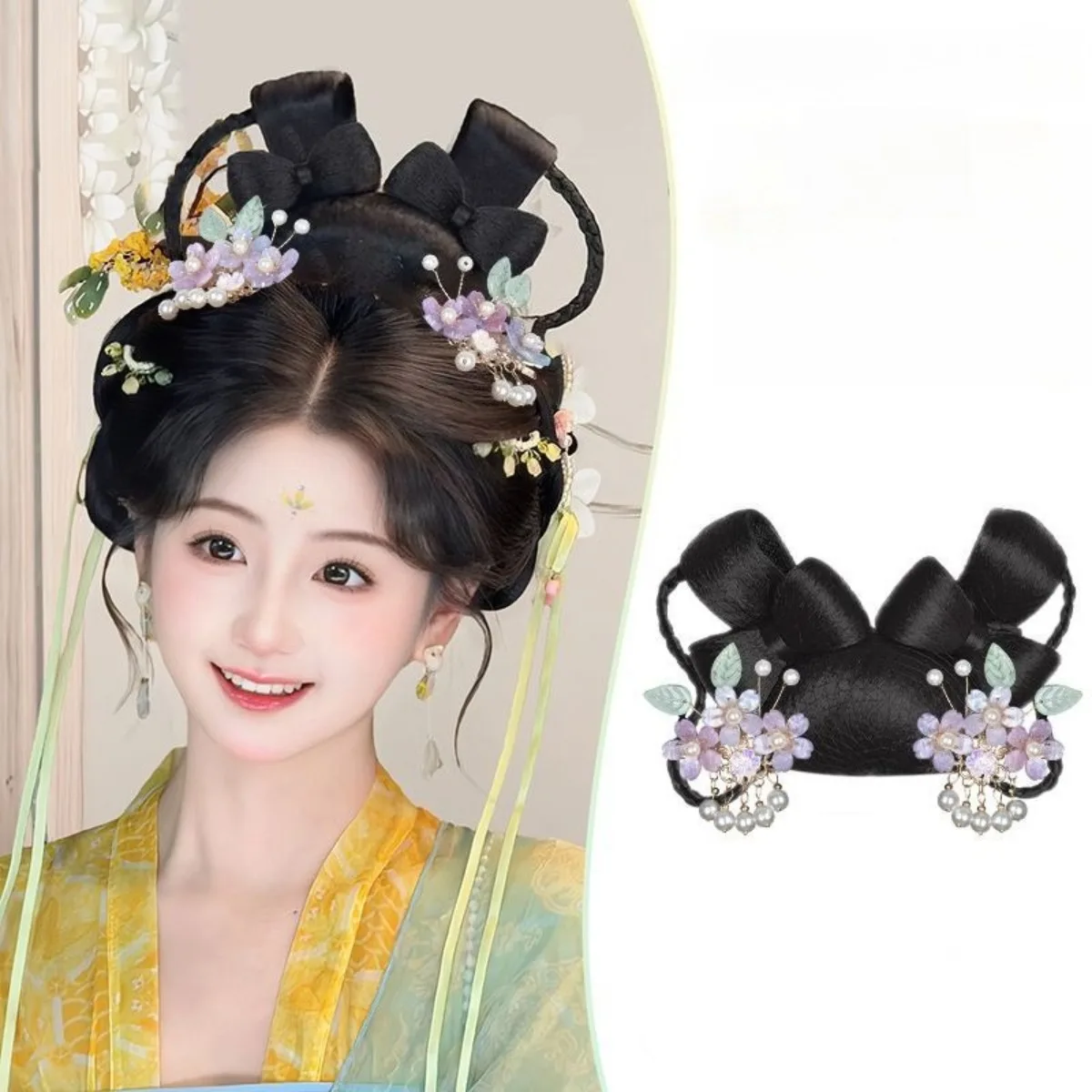 Ancient Hanfu Wig Integrated Complete Headwear Set Jade Rabbit Hair Bun Updo Volume Pad Tang Style Women Cosplay