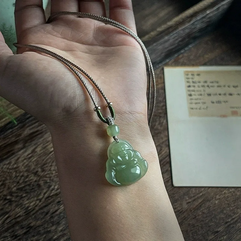 Natural Hetian Jade Maitreya Buddha Pendant for Women Laughing Buddha Jade Necklace Jade Amulet for Good Luck Gifts