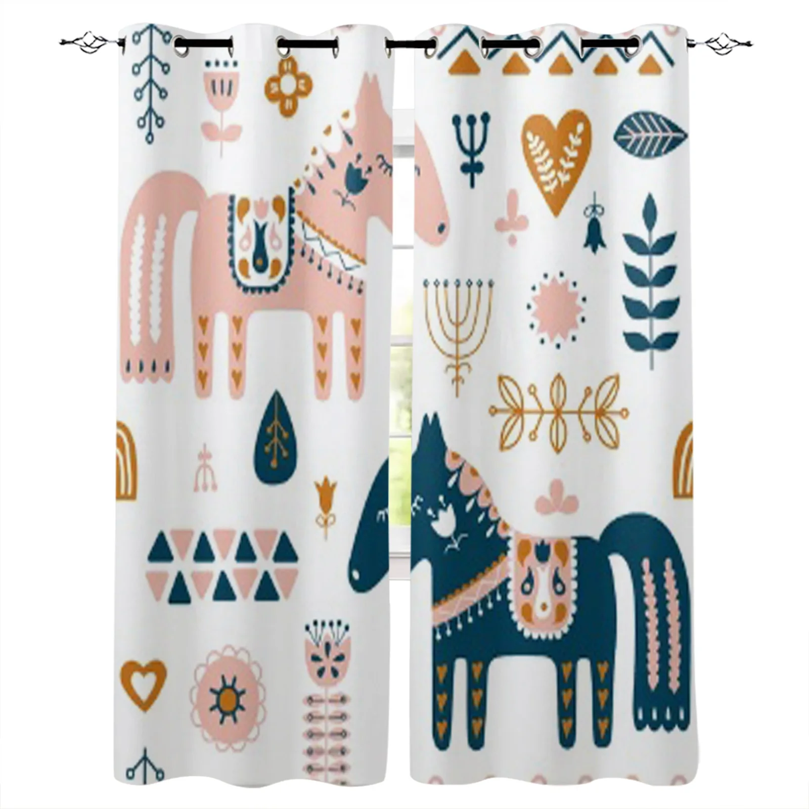 Nordic Repeating Pattern With Dala Horse And Forest Floral Window Curtains for Bedroom Dining Room Living Room Grommet Curtains