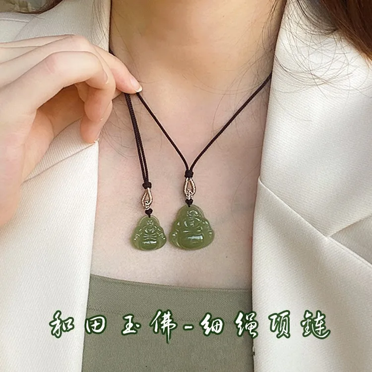 Chinese Style Natural Hetian Jade Laughing Buddha Pendant Hand Braided Lucky Blessing Fortune Amulet Necklace For Women Perfect