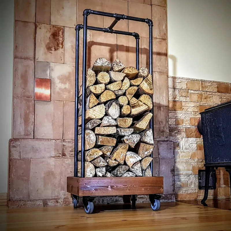 Industrial Air Pipe Wrought Iron Black Wheels Fireplace Decoration Indoor Atmosphere Firewood Rack