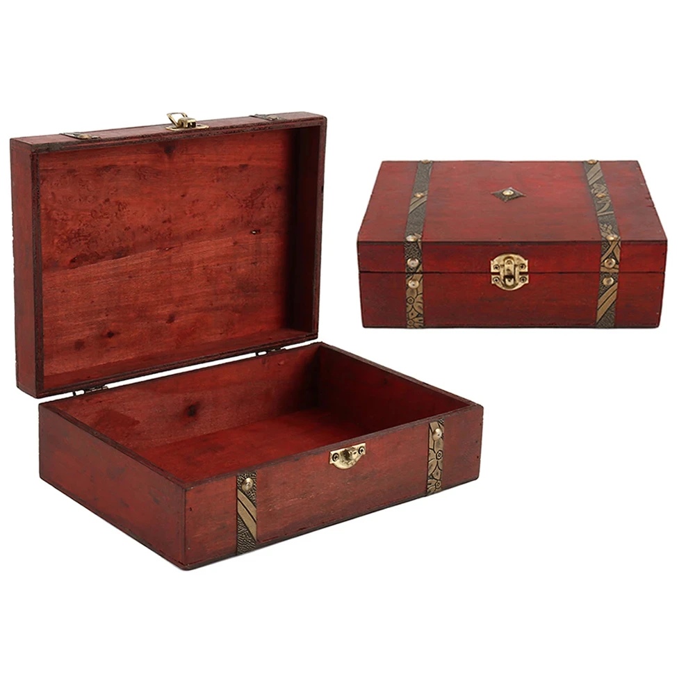 Classical Wood Box Retro Wooden Storage case Treasure Jewelry Container Organizer Pirate Jewelry Trinket Display Case Hinged Box