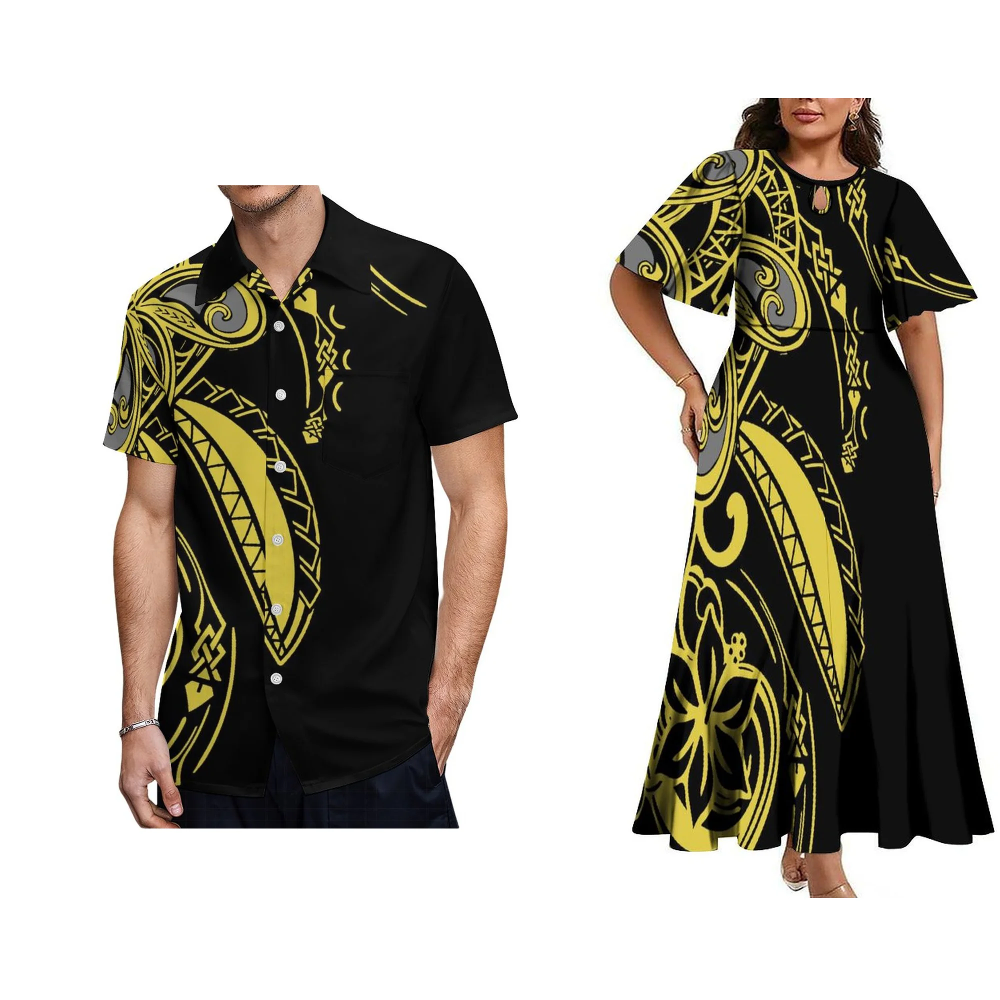 1 MOQ Wholesale Ladies Water Drop Design Half Flare Sleeve O-Neck Long Pleated Dress Custom Logo Polynesian Tribal Party Dress