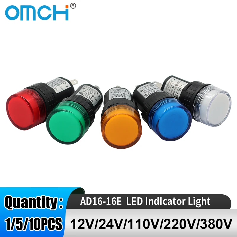 OMCH 1/5/10PCS 16MM AD16-16E Red Green Yellow Blue White Flash Signal Light DC 12V 24V AC 110V 220V 380V LED IndIcator Light