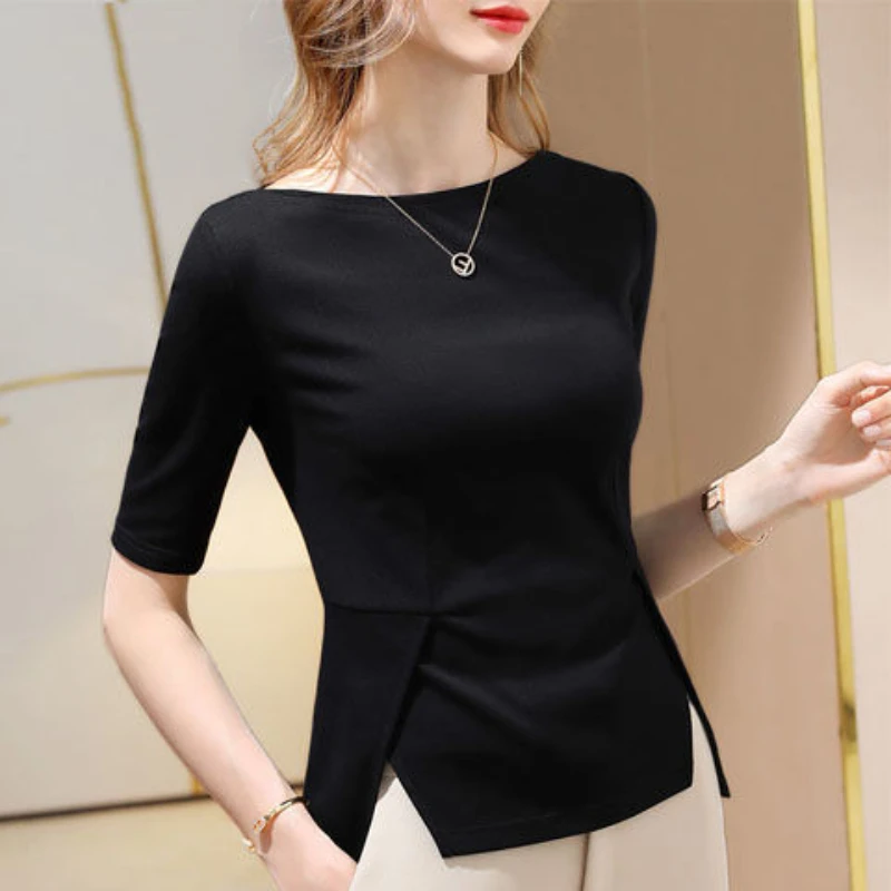 Summer Slim Fit 5/4 Sleeve New Irregular Hem Split Shaw General Unique Off Shoulder Top T-shirt Fashion Leisure Commuting 2023