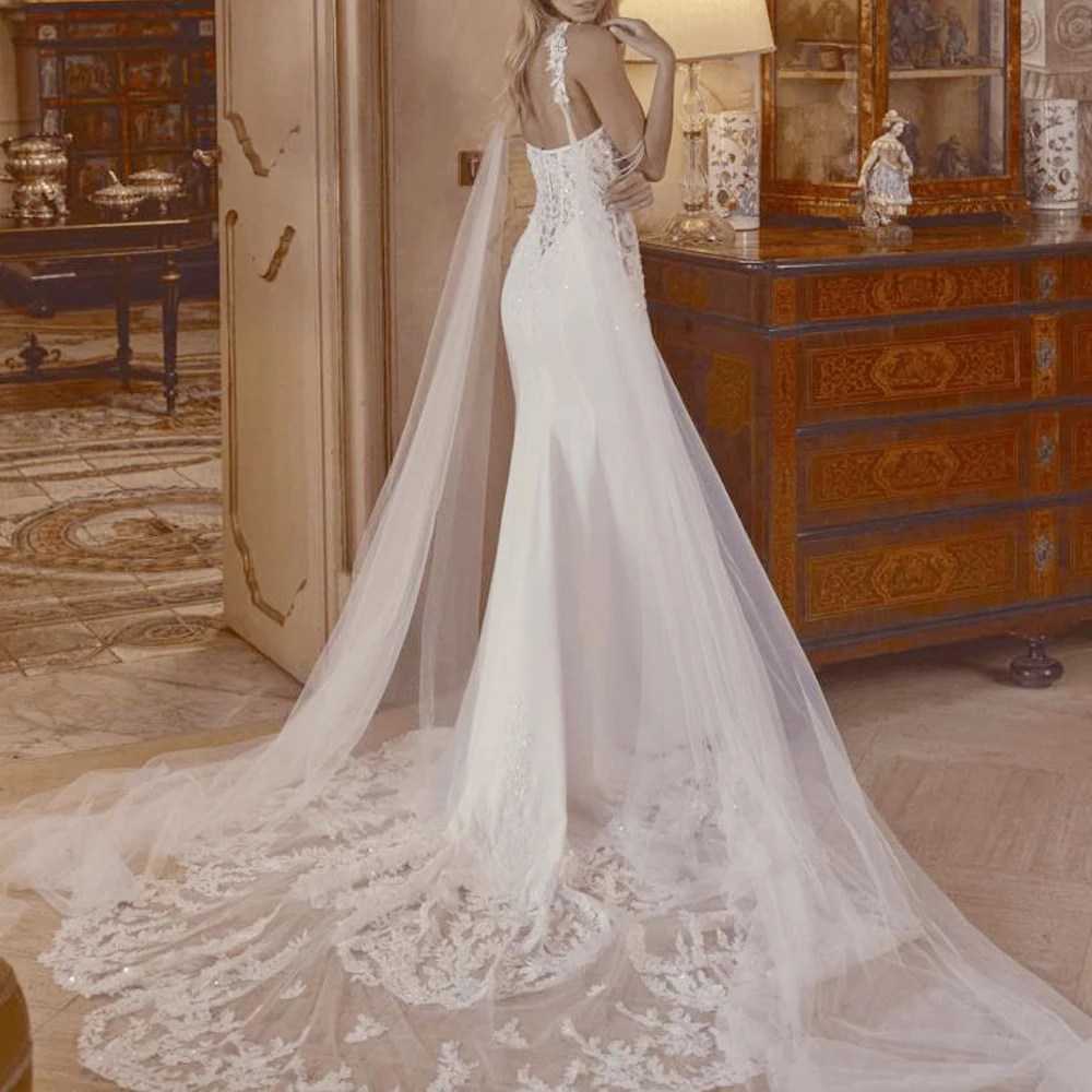 ชุดแต่งงานทรงเมอร์เมดแบบสั่งตัด พร้อมผ้าคลุมประดับลูกปัด สายเดี่ยวแบบหวาน ชุดเจ้าสาวผ้าซาตินทรงทรัมเป็ต พร้อมลูกไม้