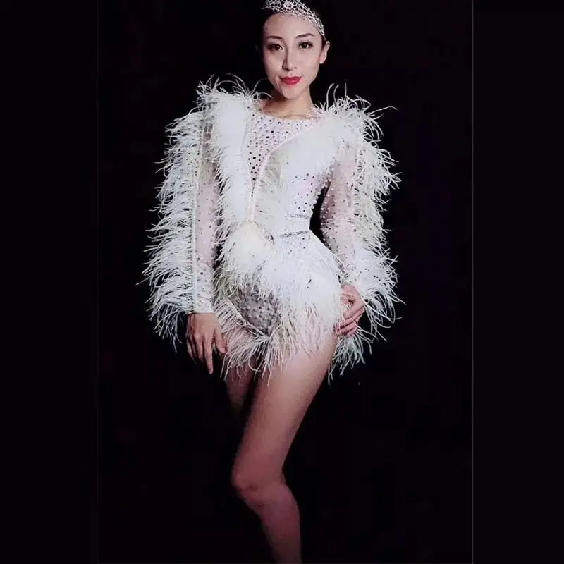 Nightclub Lady Singer Costume White Feathers Pearls Bodysuit Sparkly Crystals Tights Stage Wear Dancer Jazz Performance Costume