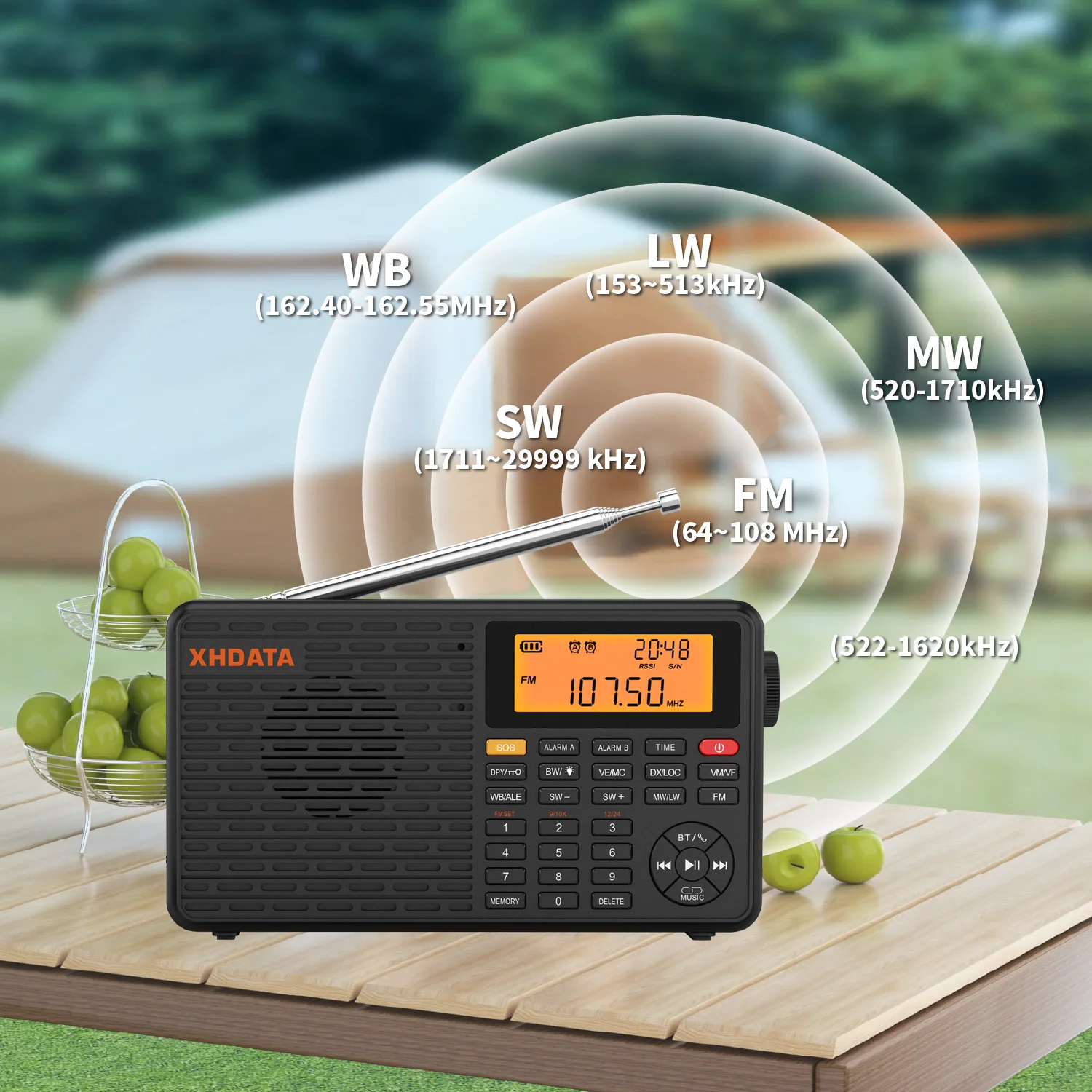 XHDATA D-109WB AM FM Stereo SW MW LW Digitaler Wecker Tragbares Radio mit wiederaufladbarem Akku USB-C und Wettervorhersage