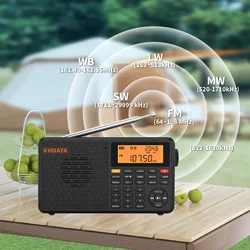 Портативный радиоприемник XHDATA D109WB, AM, FM, стерео, SW, MW, LW, цифровой будильник, радио, перезаряжаемая батарея, USB-C с прогнозом погоды