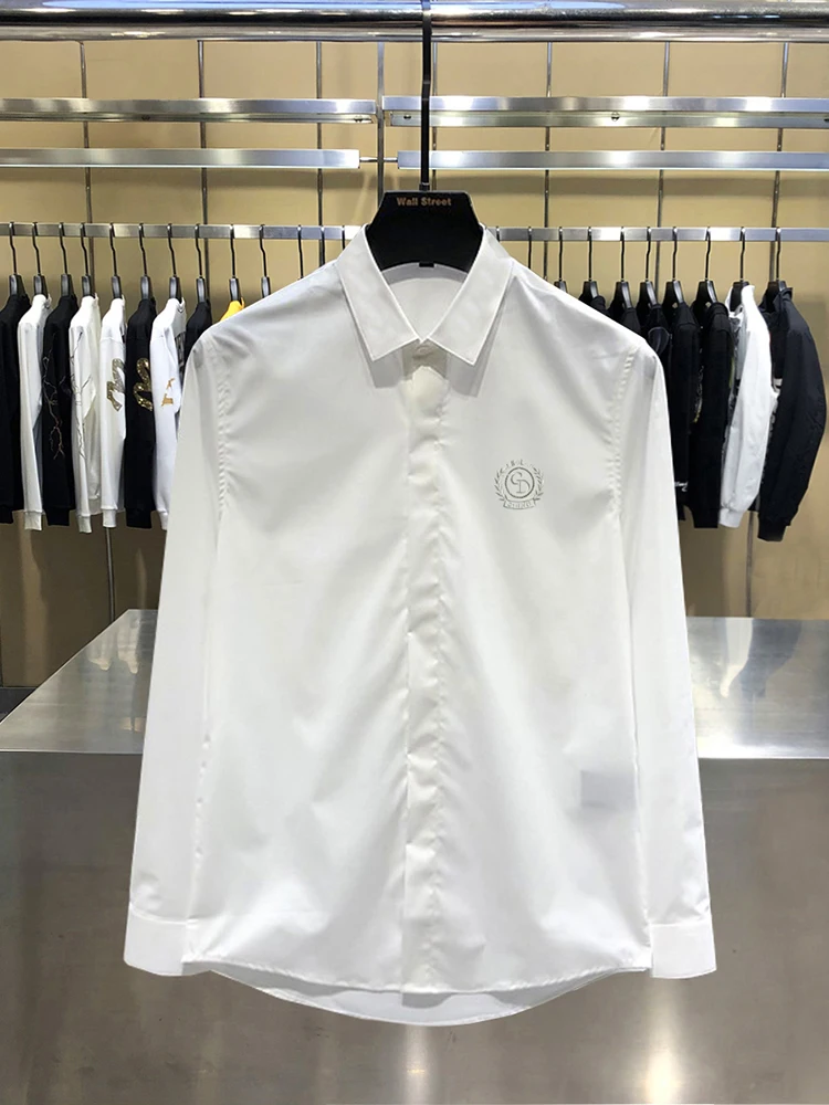 Heren Lange Sve Geborduurde Slim Fit irt Faionable Luxe Werkkleding Busin irt Kleur Geweven Stof Puntige Kraag